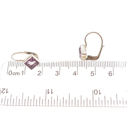 925 Sterling Silver Vintage Real Princess-Cut Amethyst Earrings