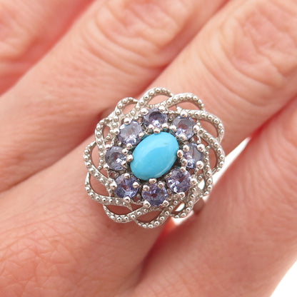Chuck Clemency 925 Sterling Silver Real Turquoise & Tanzanite Floral Ring Size 7