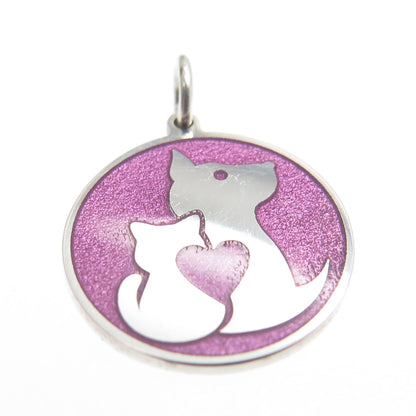 925 Sterling Silver Purple Enamel Cat & Dog Friendship Minimalist Charm Pendant