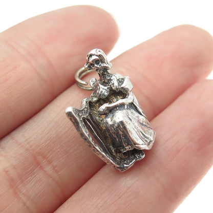 925 Sterling Silver Vintage Lady Playing the Harp 3D Pendant