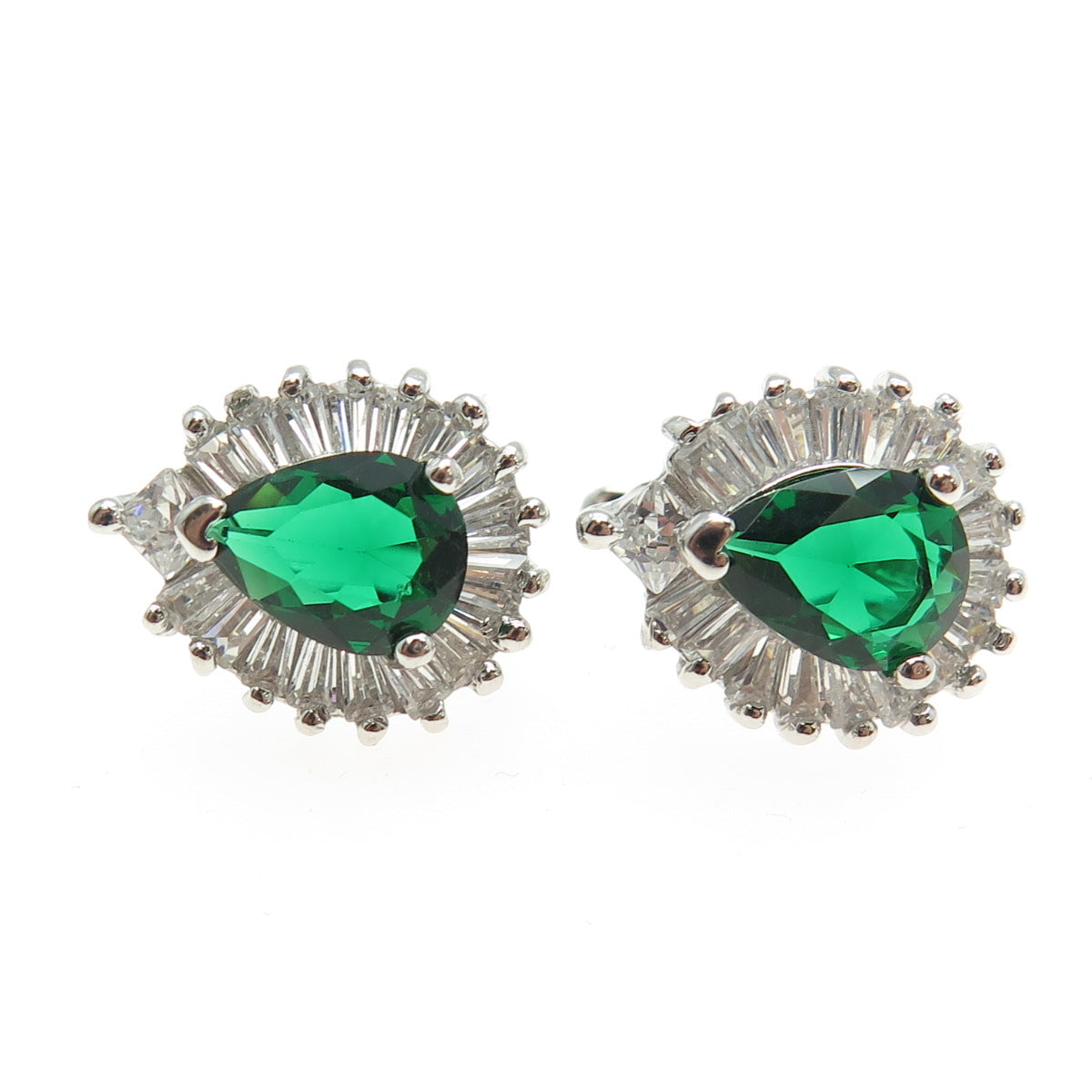 925 Sterling Silver Pear-Cut Nano Emerald & Tapered Baguette-Cut C Z Earrings