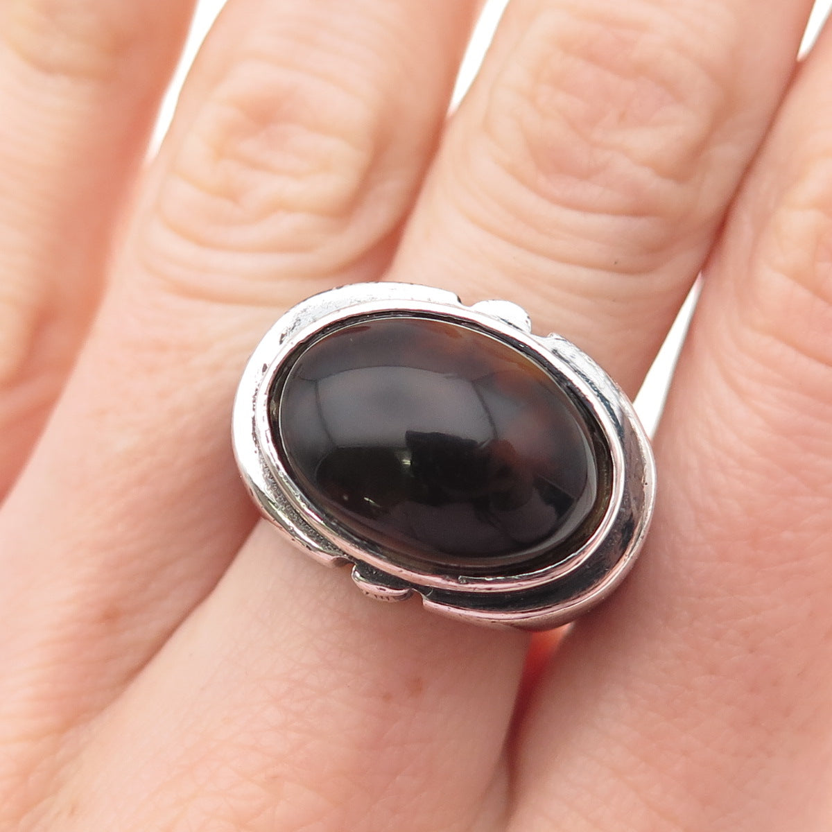 925 Sterling Silver Vintage Real Agate Modernist Oxidized Ring Size 7