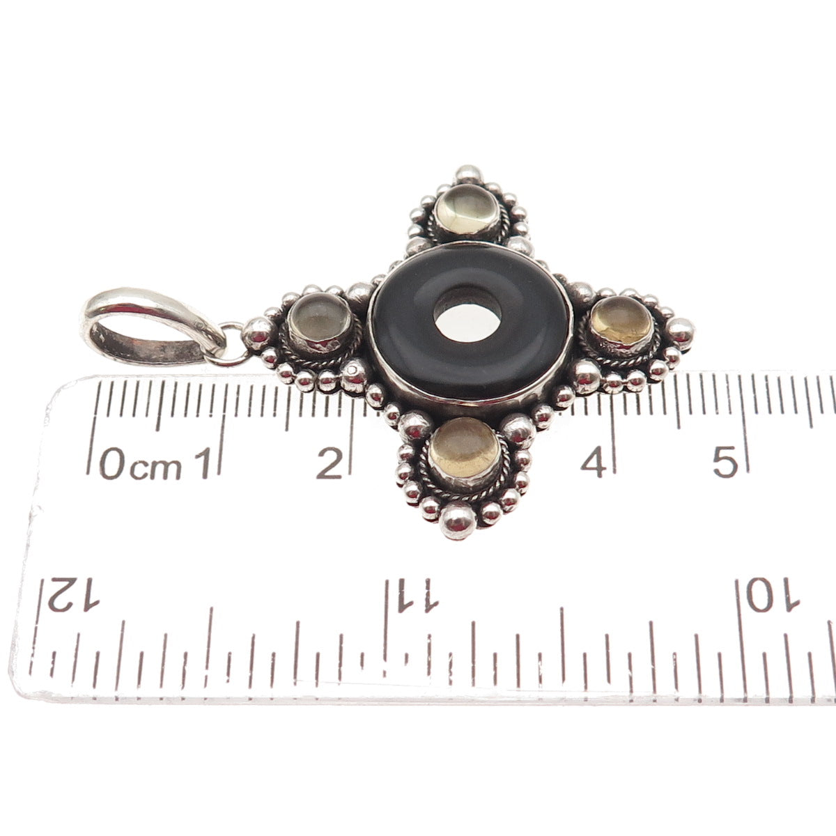 925 Sterling Silver Vintage Real Black Onyx & Citrine Modernist Cross Pendant