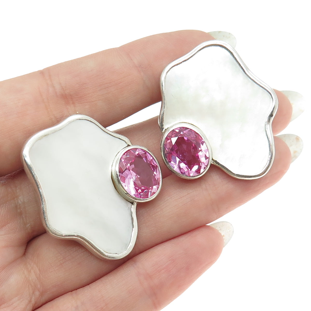 925 Sterling Silver Vintage Lab-Created Pink Sapphire & MOP Clip On Earrings