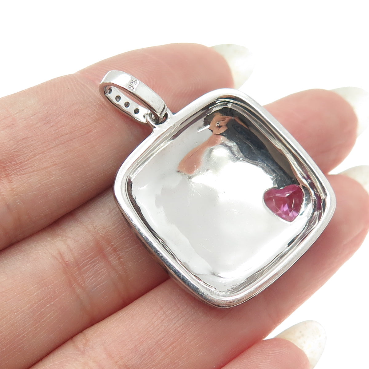 925 Sterling Silver Enamel Real Diamond Lab-Created Pink Sapphire Heart Pendant