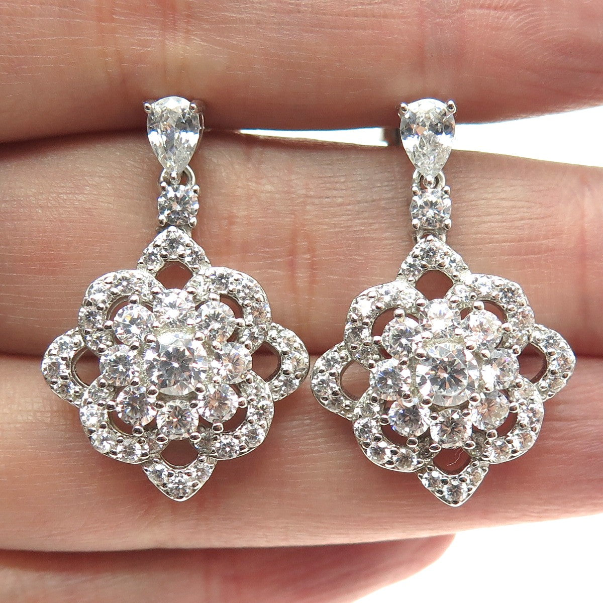 925 Sterling Silver Pear & Round-Cut Shaped C Z Dangle Earrings