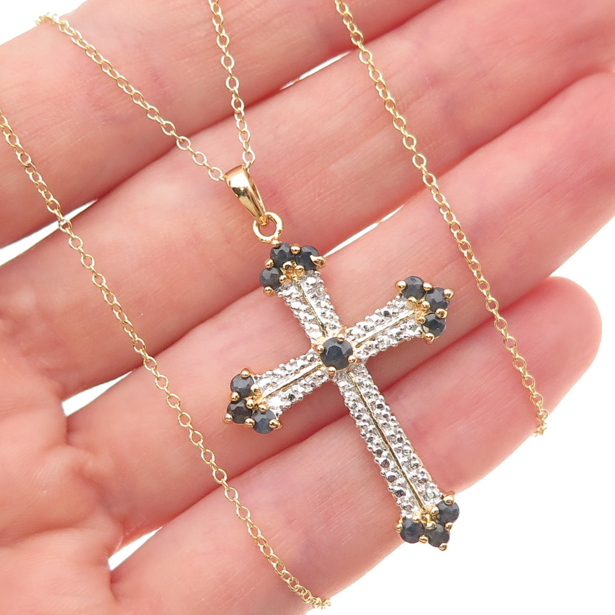 Ross Simons 925 Sterling Gold Plated Real Diamond & Sapphire Cross Necklace 18"