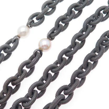 925 Sterling Silver Black Rhodium Vintage Real Diamond Pearl Chain Necklace 32"