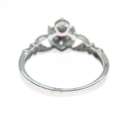 925 Sterling Silver Heart-Cut Mystic Quartz & C Z Irish Claddagh Ring Size 7.5