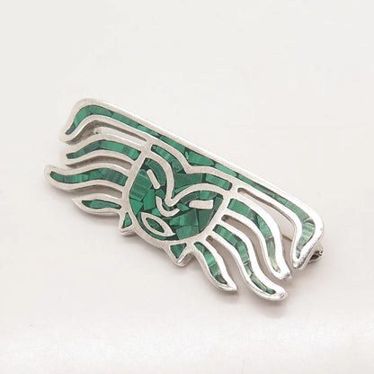 925 Sterling Silver Vintage Mexico Malachite Gem Inlay Face Tribal Pin Brooch