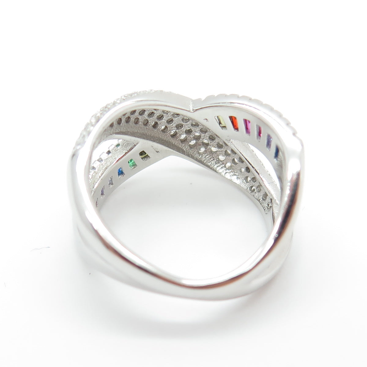 925 Sterling Silver Round Baguette-Cut Multi-Color C Z Crisscross Ring Size 6.25