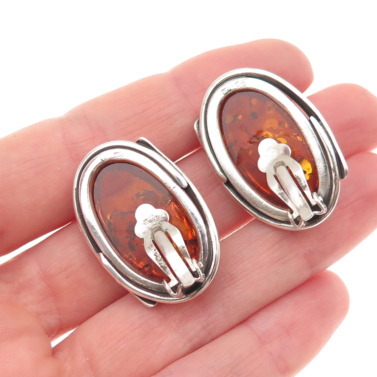 925 Sterling Silver Vintage JB Poland Real Amber Modernist Clip On Earrings