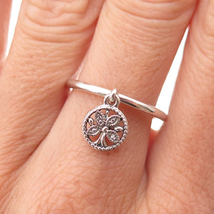 Pandora 925 Sterling Silver Round-Cut C Z Tree of Life Dangle Charm Ring Size 6