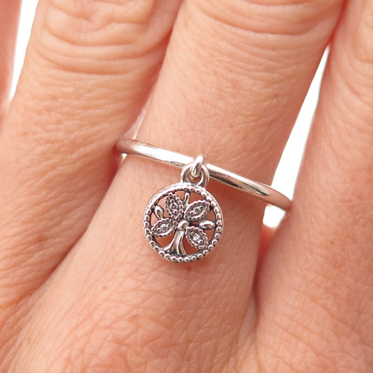 Pandora 925 Sterling Silver Round-Cut C Z Tree of Life Dangle Charm Ring Size 6