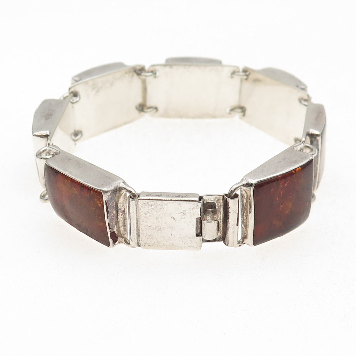 925 Sterling Silver Vintage Poland Real Amber Modernist Oxidized Bracelet 7.25"