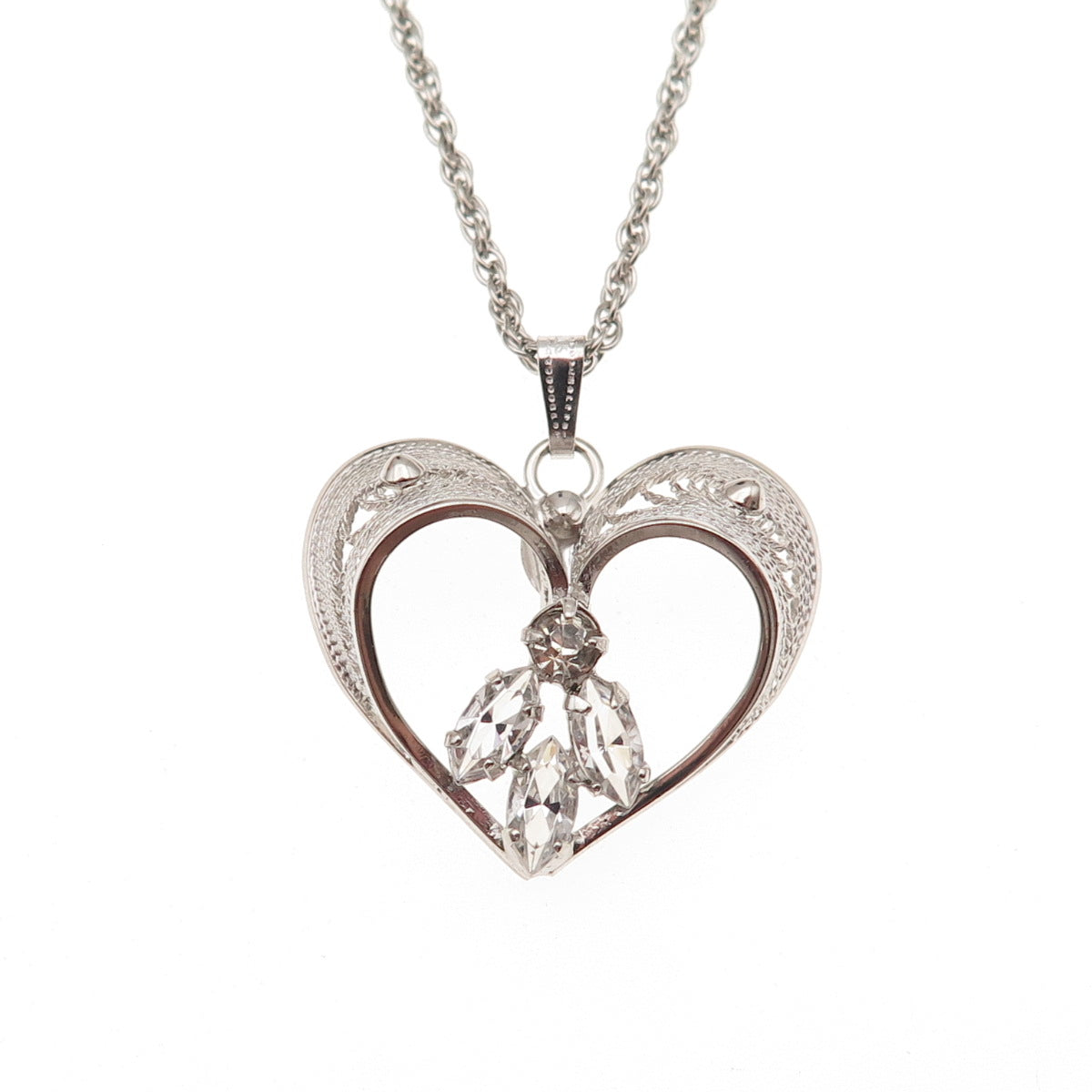 AmLee Sterling Silver Antique Art Deco Rhinestone Heart Filigree Necklace 16"
