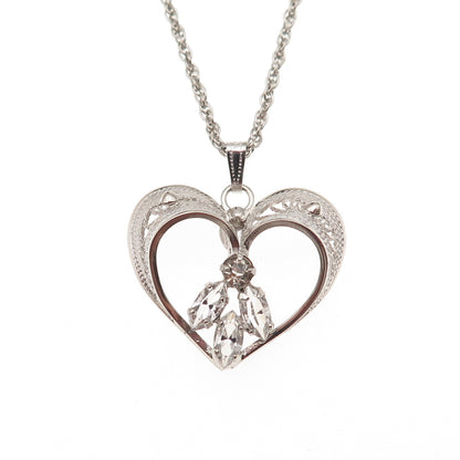 AmLee Sterling Silver Antique Art Deco Rhinestone Heart Filigree Necklace 16"