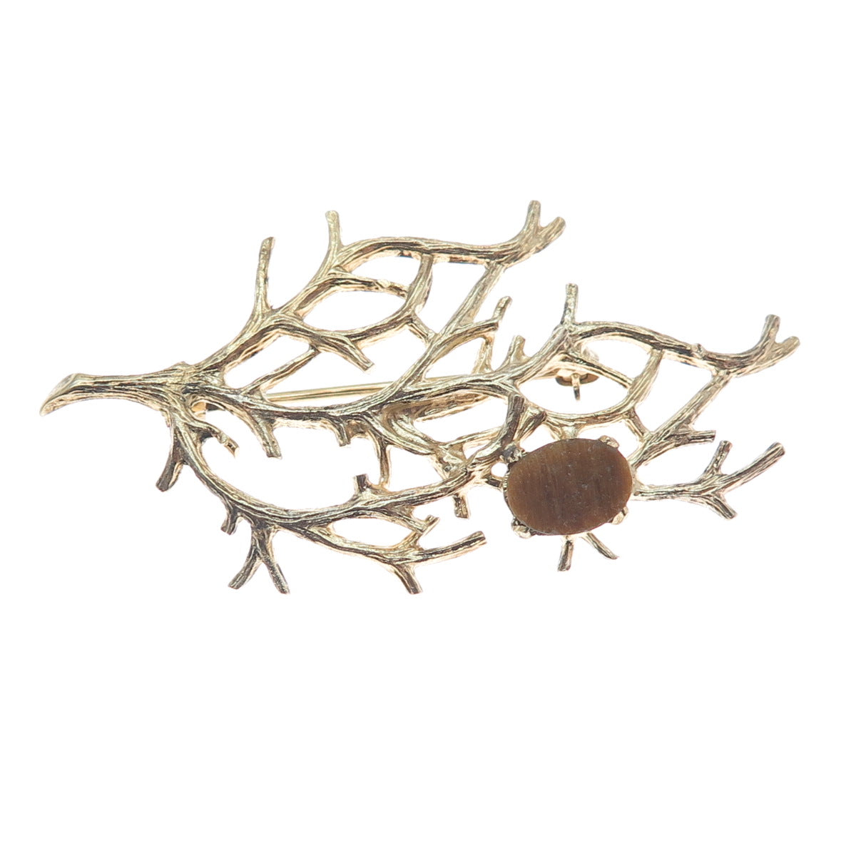 WELLS 925 Sterling Silver Gold Plated Vintage Real Tiger Eye Tree of Life Brooch