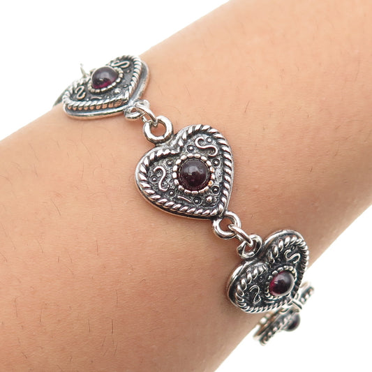 925 Sterling Silver Vintage Real Amethyst Oxidized Heart Link Bracelet 7.25"