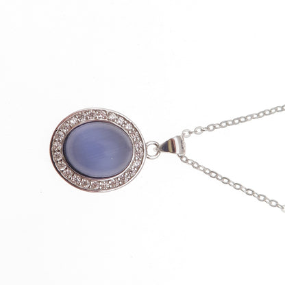 925 Sterling Silver Real Cat's Eye & C Z Cable Chain Necklace 18"