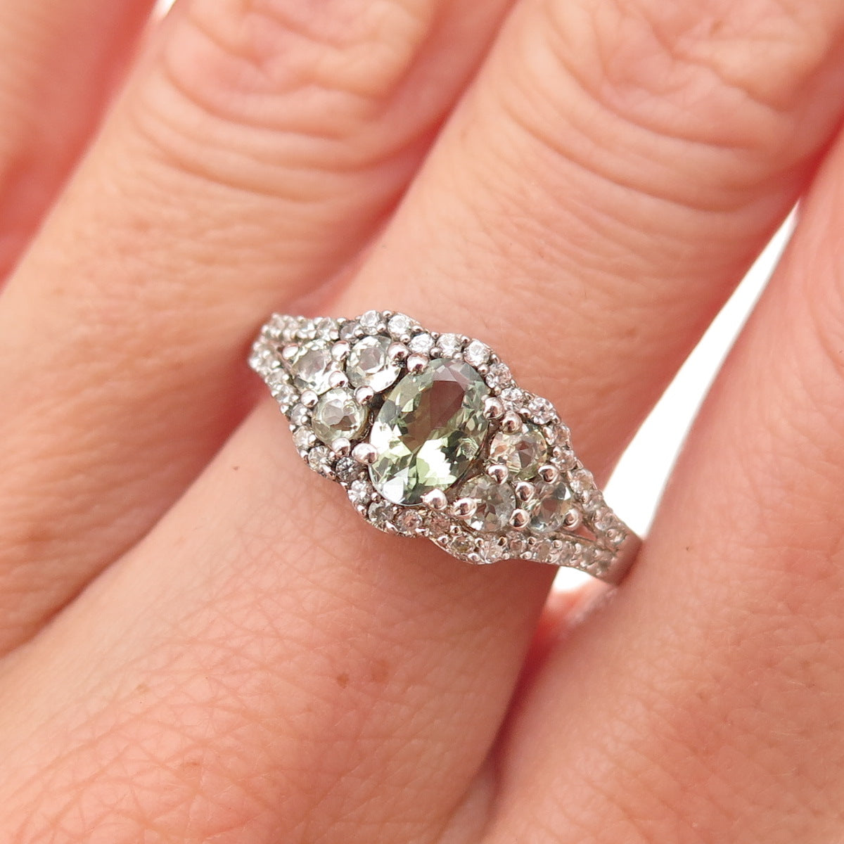 Chuck Clemency 925 Sterling Silver Real Green Amethyst & White Topaz Ring Size 7