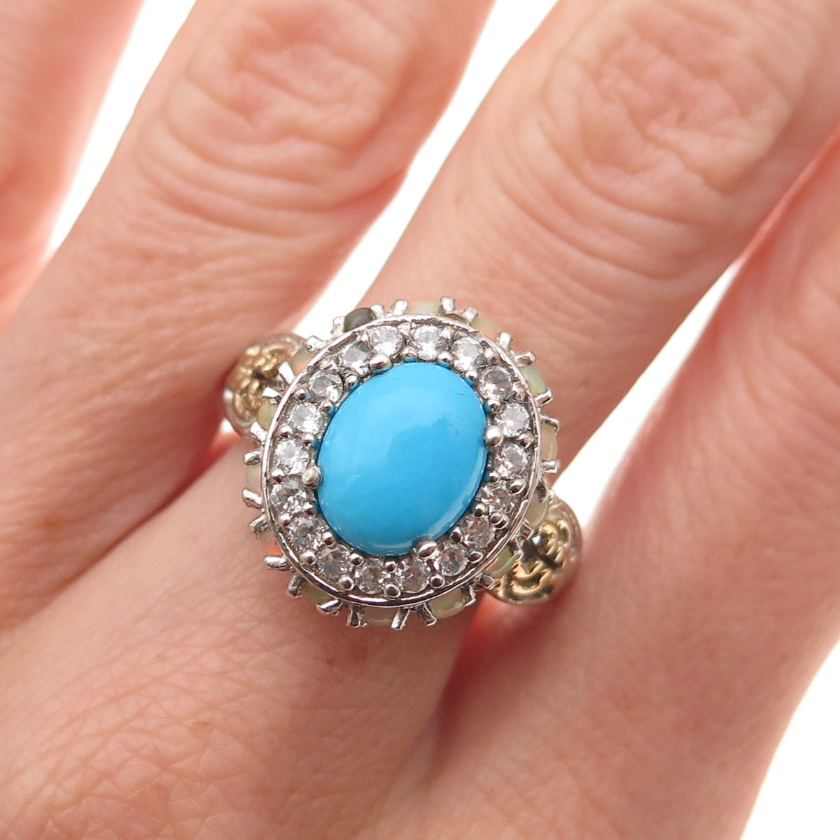 Chuck Clemency Sterling Silver 2-Tone Real Turquoise Opal & Topaz Ring Size 8.25