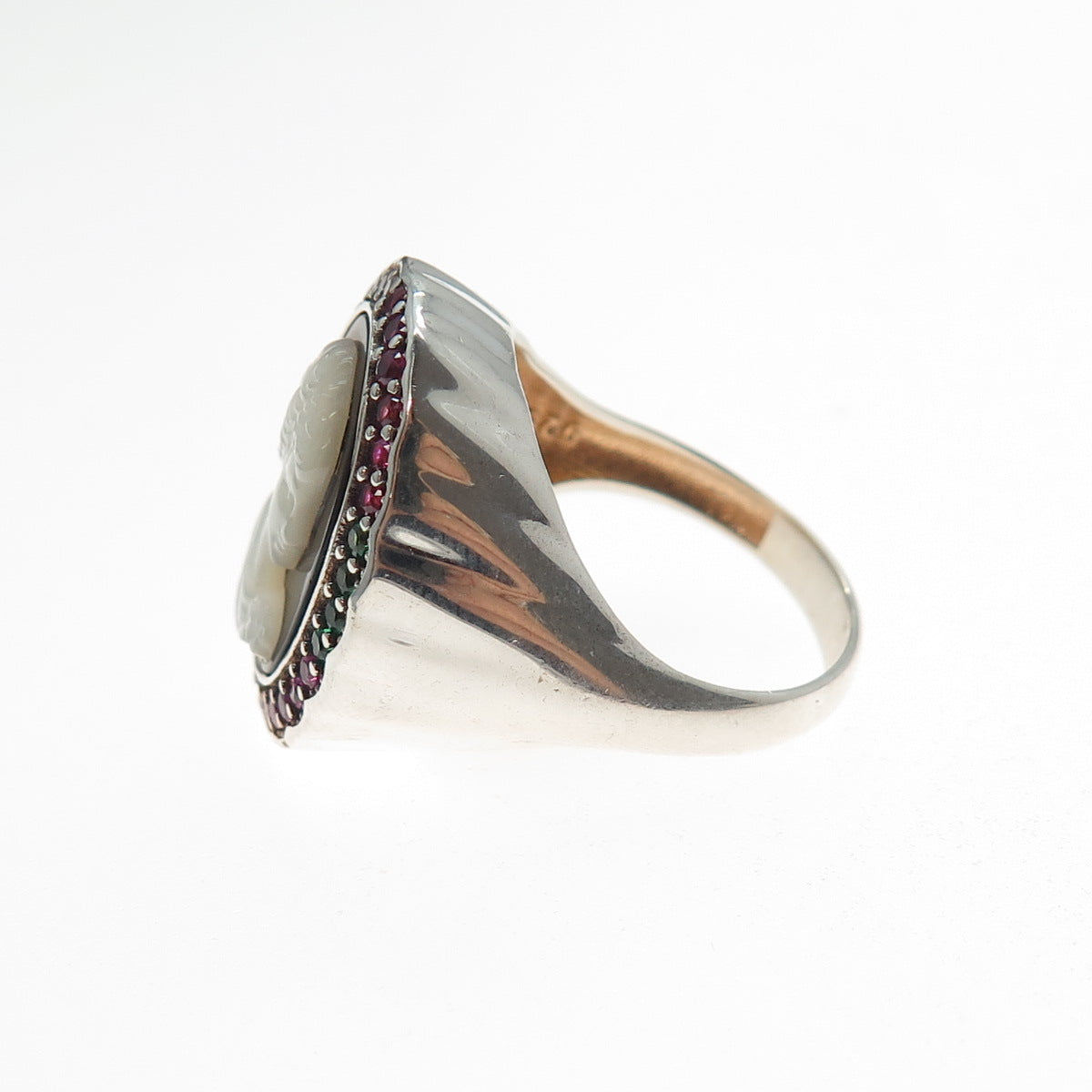 925 Sterling Vintage Real MOP Lab-Created Ruby Multi-C Z Cameo Ring Size 7.25