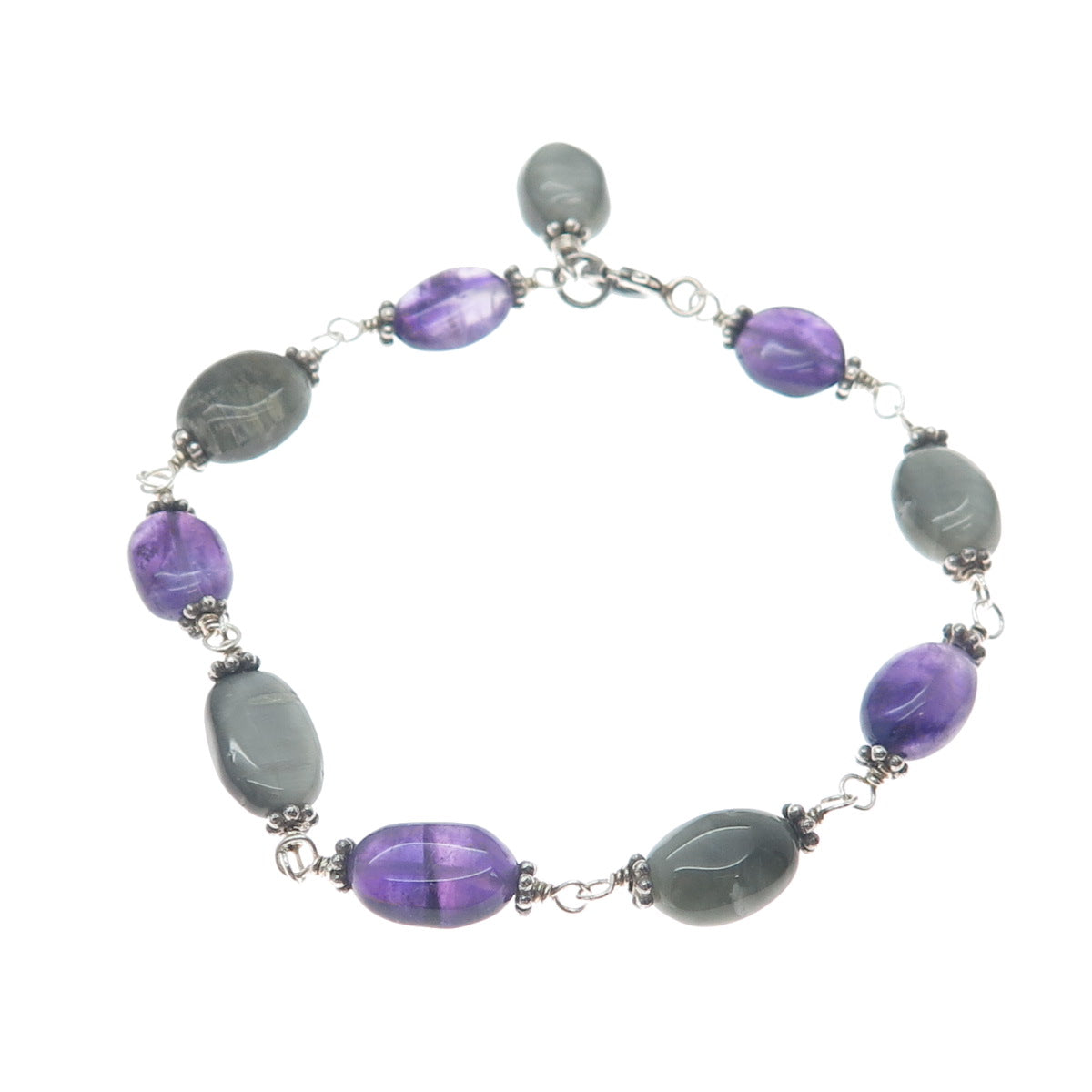 925 Sterling Silver Vintage Real Amethyst & Agate Oxidized Bracelet 7"