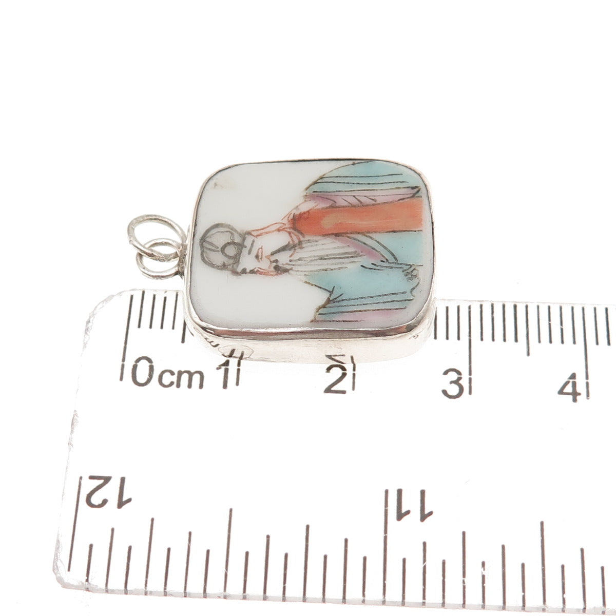 925 Sterling Silver Antique Ceramic Chinese Daoist Immortal Charm Pendant