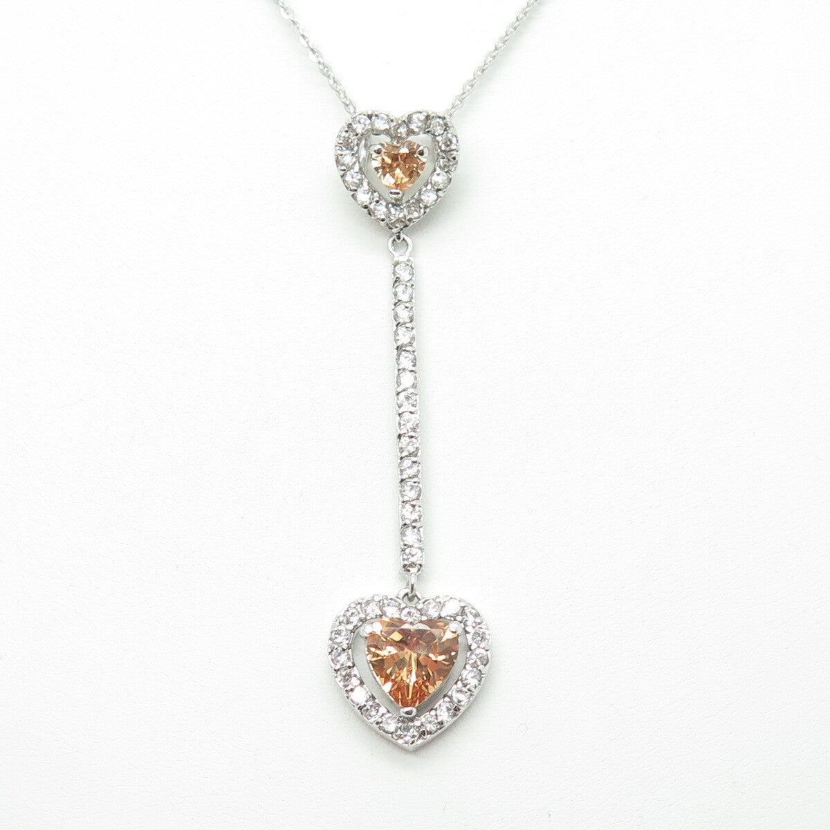 925 Sterling Silver Heart & Round-Cut Champagne White C Z Chain Necklace 18"
