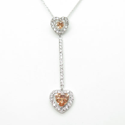 925 Sterling Silver Heart & Round-Cut Champagne White C Z Chain Necklace 18"