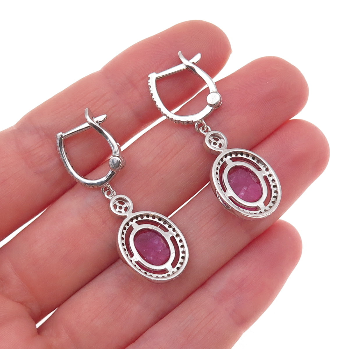 925 Sterling Silver Real Diamond & Ruby Dangle Earrings