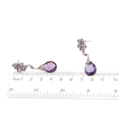 925 Sterling Silver Real Amethyst & C Z Drop Dangle Earrings