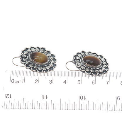 925 Sterling Silver Vintage Mexico Real Tiger Eye Flower Oxidized Earrings