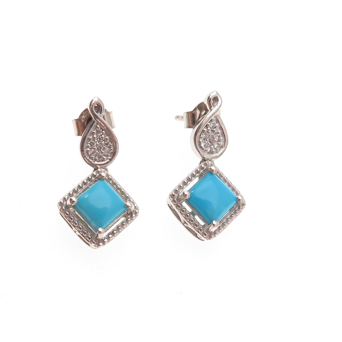 Chuck Clemency 925 Sterling Silver Real Turquoise & White Topaz Dangle Earrings