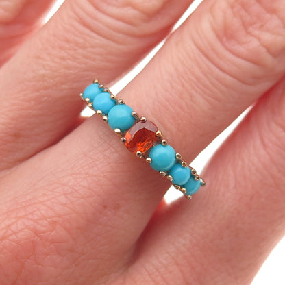 925 Sterling Silver 2-Tone Real Fire Sapphire & Turquoise Ring Size 8.25