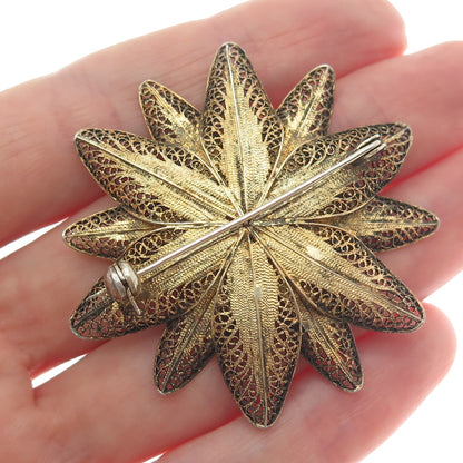 800 Silver Gold Plated Vintage Flower Filigree Pin Brooch