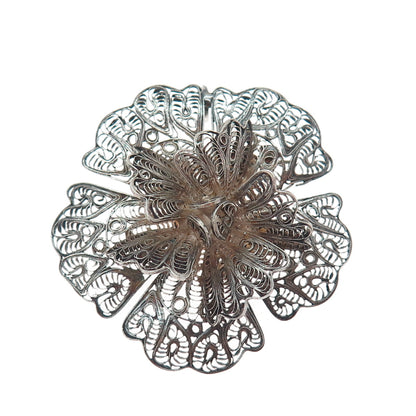 925 Sterling Silver Vintage Flower Filigree Oxidized Pin Brooch / Pendant