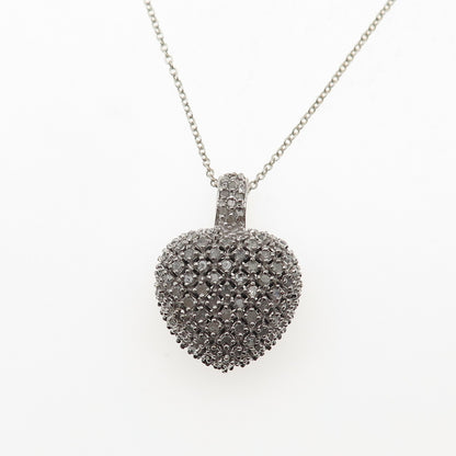 925 Sterling Silver Real Black & White Diamond Heart Cable Chain Necklace 18"