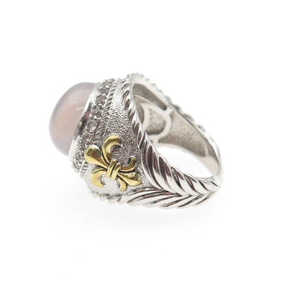 925 Sterling Silver 2-Tone Real Moonstone & White Topaz Ring Size 6