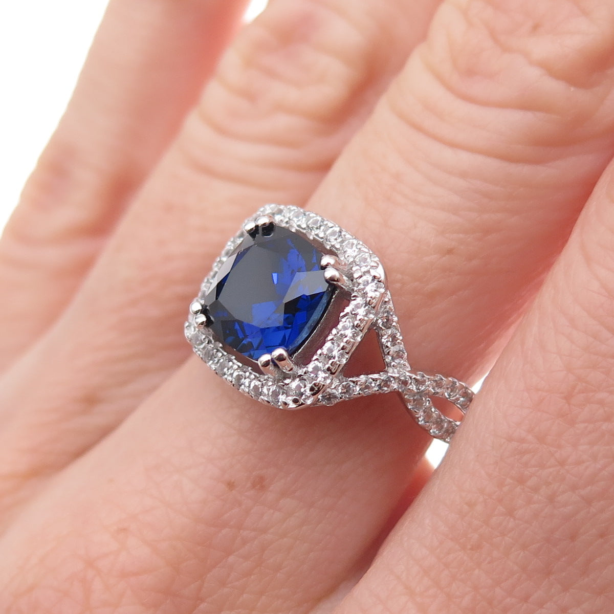 925 Sterling Silver Real White Topaz & Lab-Created Sapphire Ring Size 8.25