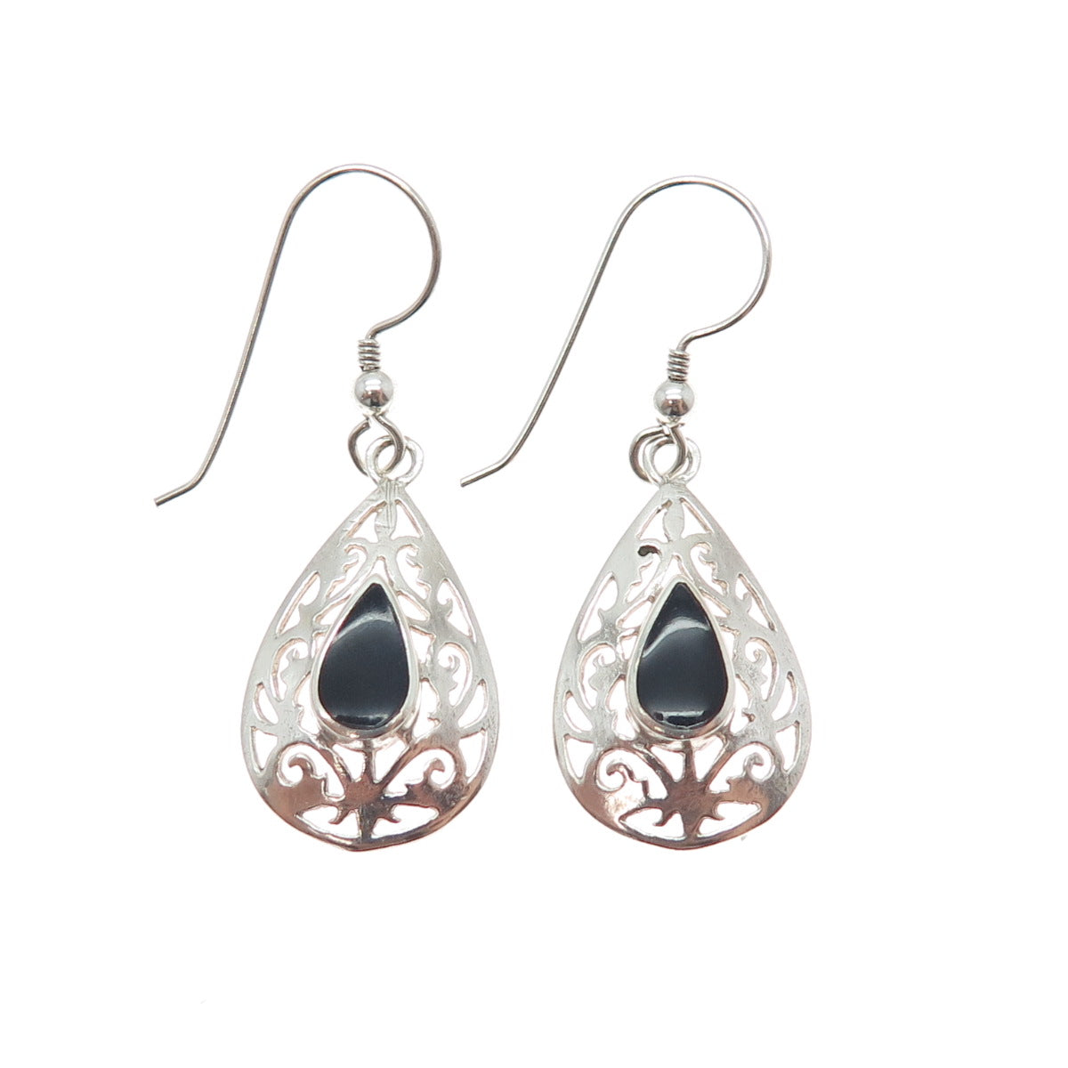 925 Sterling Silver Vintage Real Black Onyx Ornate Teardrop Dangle Earrings