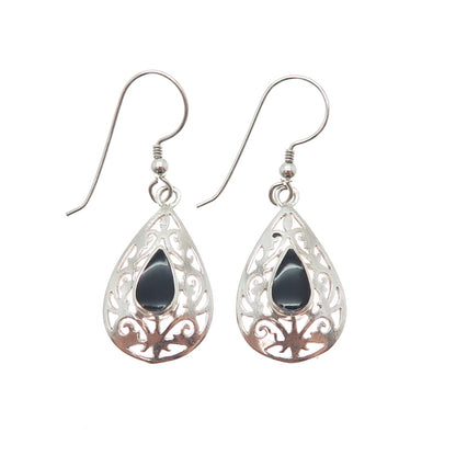 925 Sterling Silver Vintage Real Black Onyx Ornate Teardrop Dangle Earrings