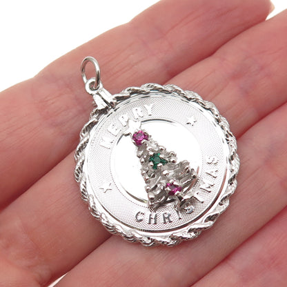 925 Sterling Silver Vintage Rhinestone Merry Christmas Tree Charm Pendant