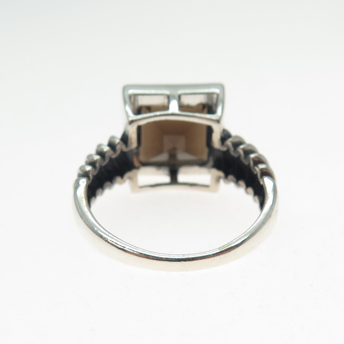 925 Sterling Silver Vintage Real Asscher-Cut Smoky Quartz Oxidized Ring Size 8.5