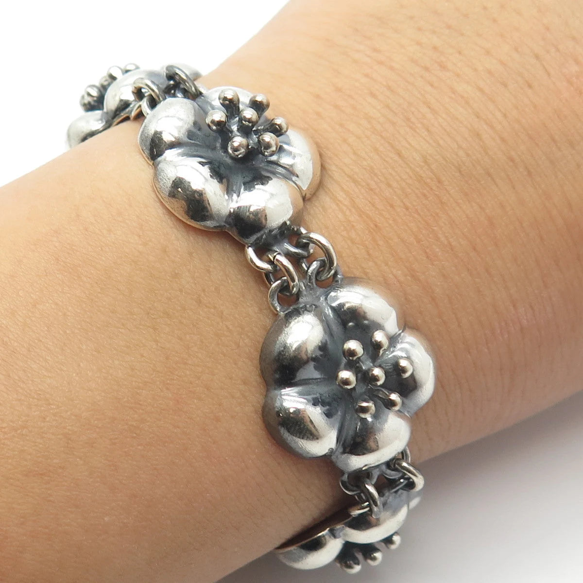 925 Sterling Silver Vintage CII Mexico Floral Link Bracelet 7.5"