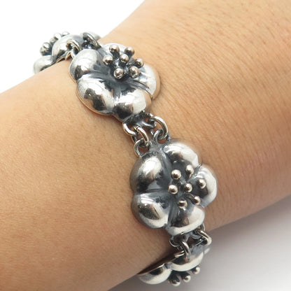 925 Sterling Silver Vintage CII Mexico Floral Link Bracelet 7.5"