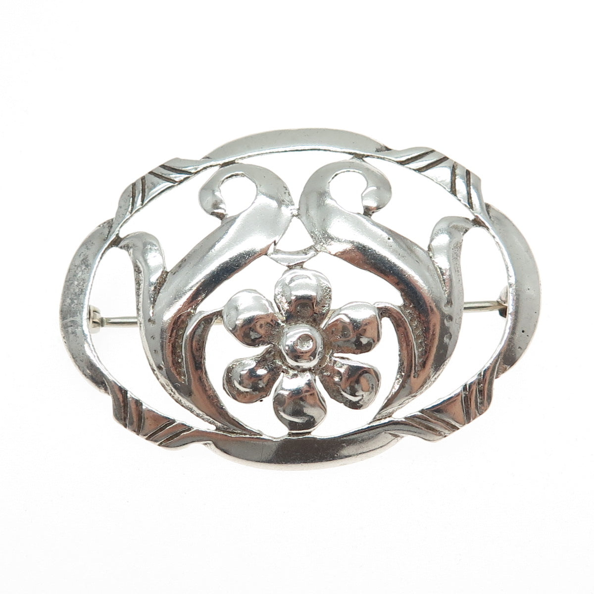 925 Sterling Silver Vintage Flower Blossom Oxidized Pin Brooch
