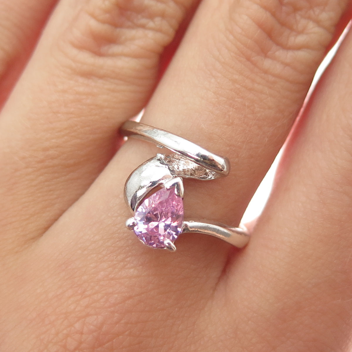 925 Sterling Silver Vintage Real Pear-Cut Pink Topaz Modernist Ring Size 6.75