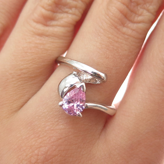 925 Sterling Silver Vintage Real Pear-Cut Pink Topaz Modernist Ring Size 6.75